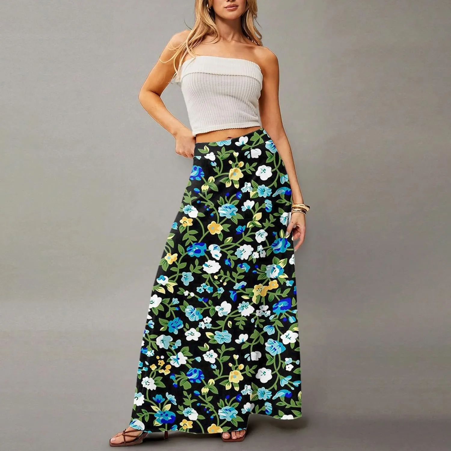 HAVUITYY Women's 2025 Bohemian Long Skirts Ditzy Floral Print Flowy High Waist A Line Summer Maxi Skirts for Women