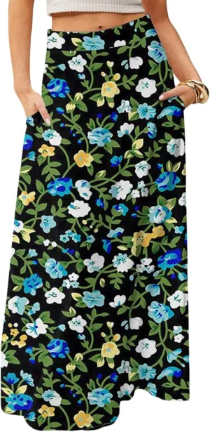 HAVUITYY Women's 2025 Bohemian Long Skirts Ditzy Floral Print Flowy High Waist A Line Summer Maxi Skirts for Women