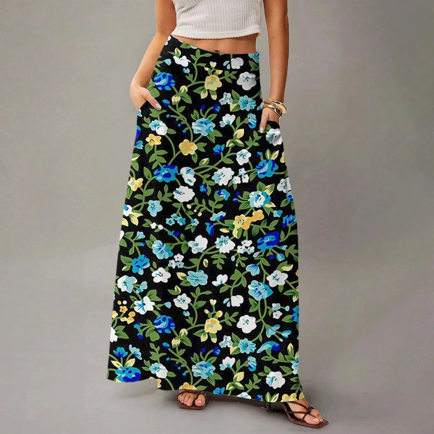 HAVUITYY Women's 2025 Bohemian Long Skirts Ditzy Floral Print Flowy High Waist A Line Summer Maxi Skirts for Women