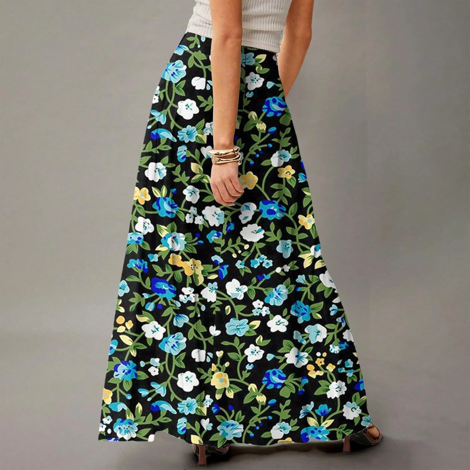 HAVUITYY Women's 2025 Bohemian Long Skirts Ditzy Floral Print Flowy High Waist A Line Summer Maxi Skirts for Women