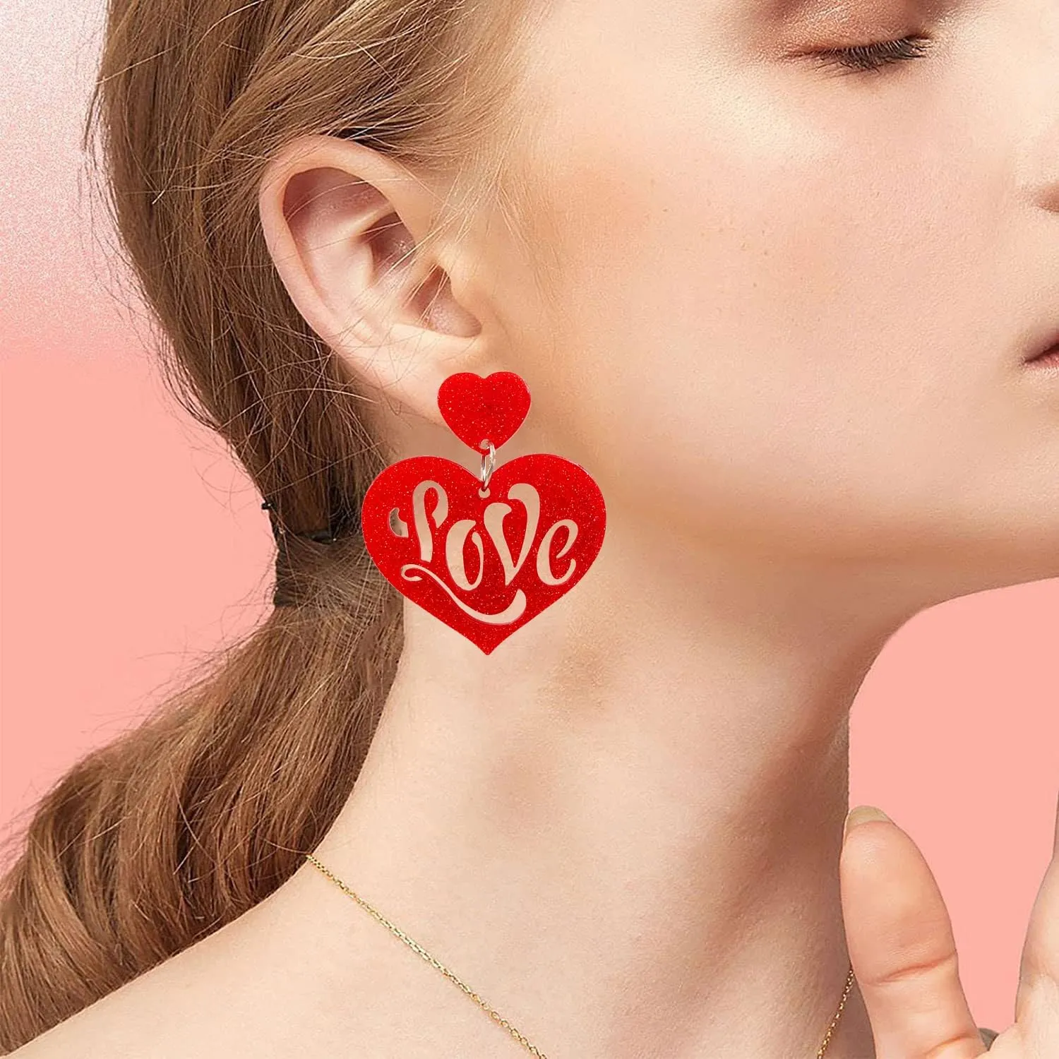 Heart Love Earrings for Women,Heart Love Dangle Earrings Red Pink Acrylic Valentine's Day Earrings for Couples Valentine's Day Girlfriends Jewelry