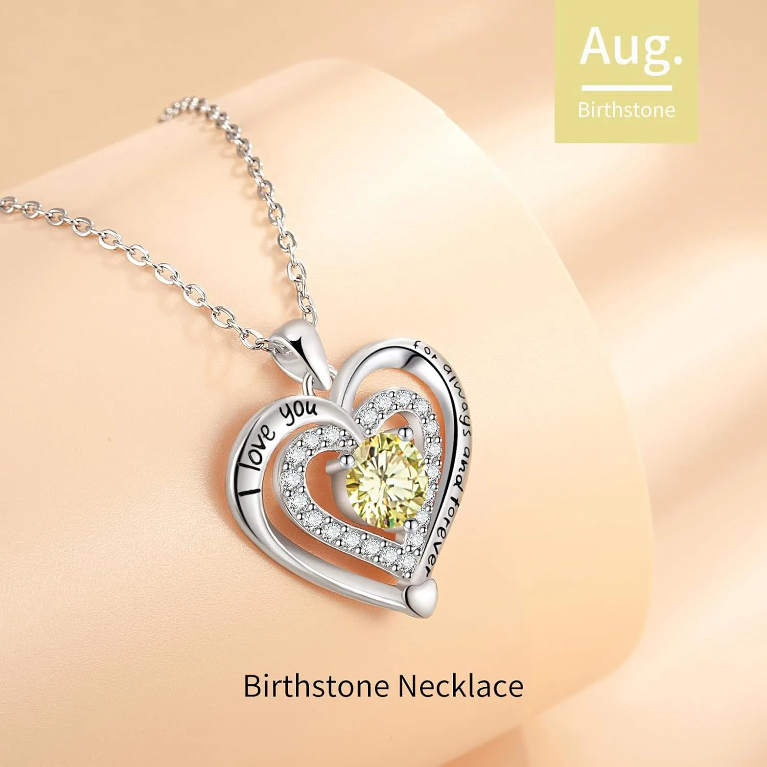 Heart Necklace, I Love You Always & Forever, Birthstone Cubic Zirconia Pendant, Gift for Women