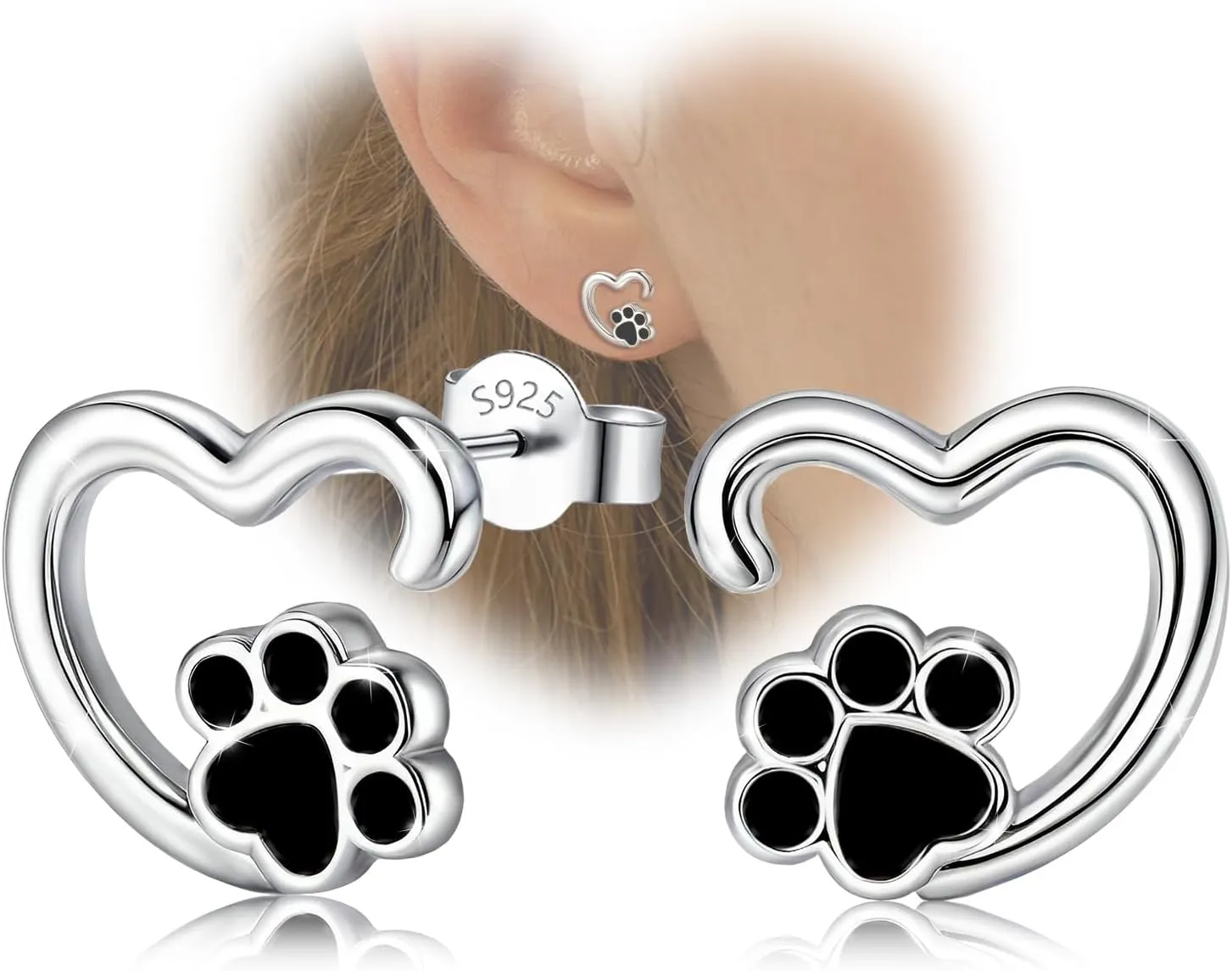 Heart Print Earrings for Women Sterling Silver Cute Pet Puppy Cat Dog Paw Print Stud Earrings Hypoallergenic Small Post Earrings Dainty Lightweight Lovely Earrings for Christmas Birthday