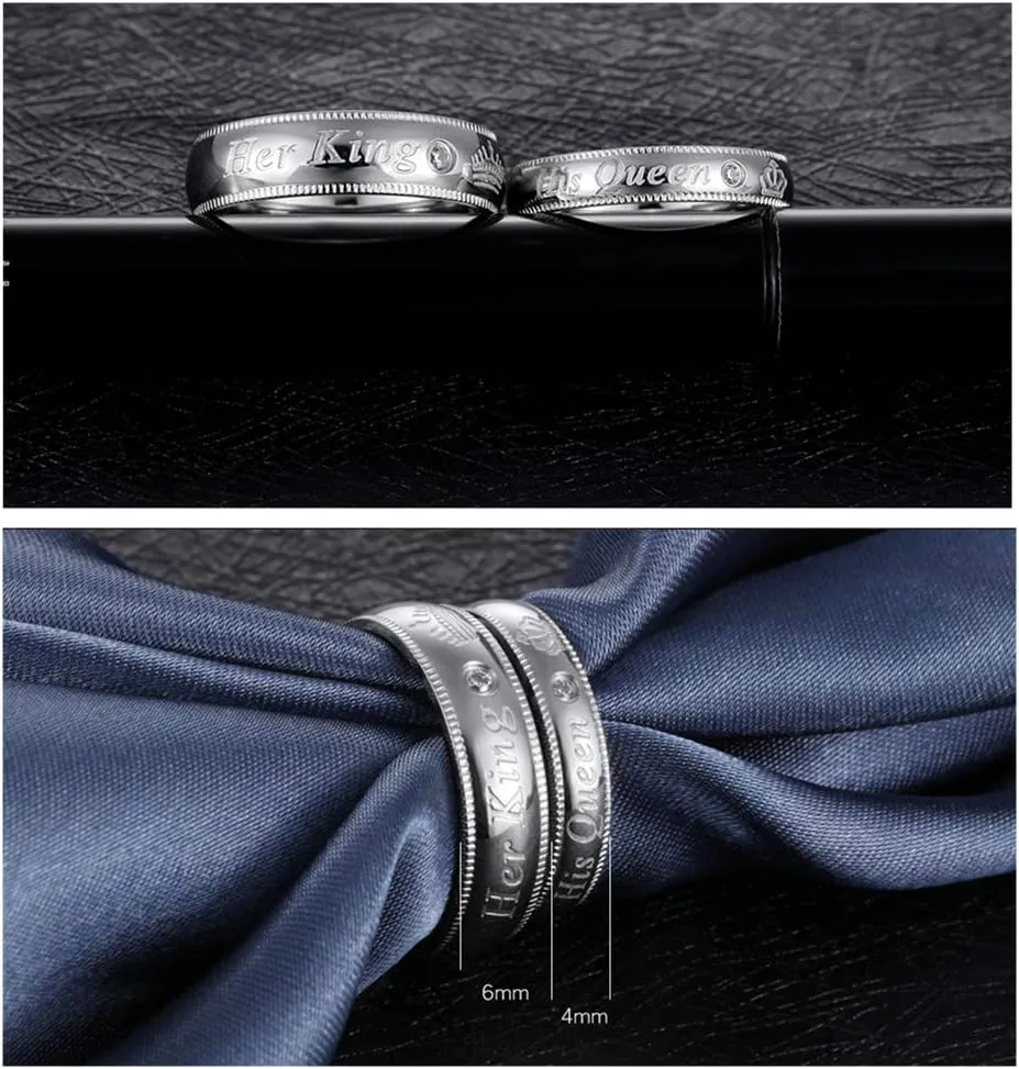 Her King His Queen Wedding Bands for Men Women, Stainless Steel His and Hers Couples Matching Anniversary Engagement Promise Rings