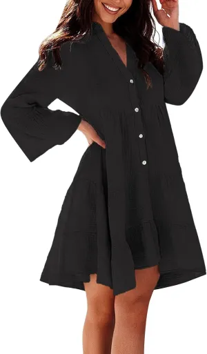 HGOOGY Womens Dresses Spring Casual Women's Long Sleeve Botton Ruffle Dresses Casual Loose Swing Mini Ruffle