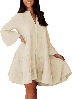 HGOOGY Womens Dresses Spring Casual Women's Long Sleeve Botton Ruffle Dresses Casual Loose Swing Mini Ruffle