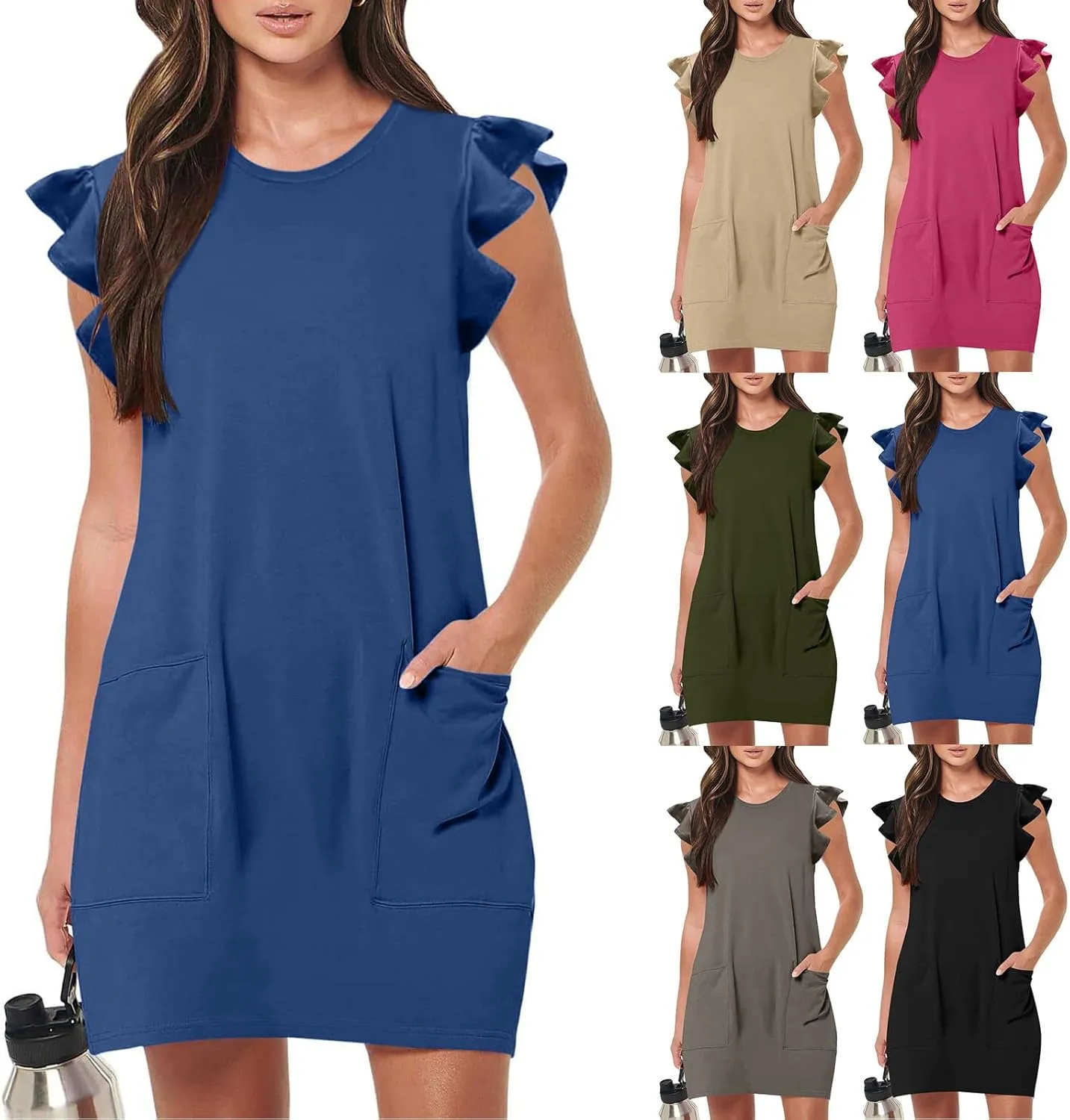 HGps8w Summer Dresses for Women 2025 Ruffle Sleeveless Crew Neck Loose Short Dress Mini Beach Sundress with Pockets