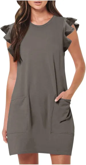 HGps8w Summer Dresses for Women 2025 Ruffle Sleeveless Crew Neck Loose Short Dress Mini Beach Sundress with Pockets