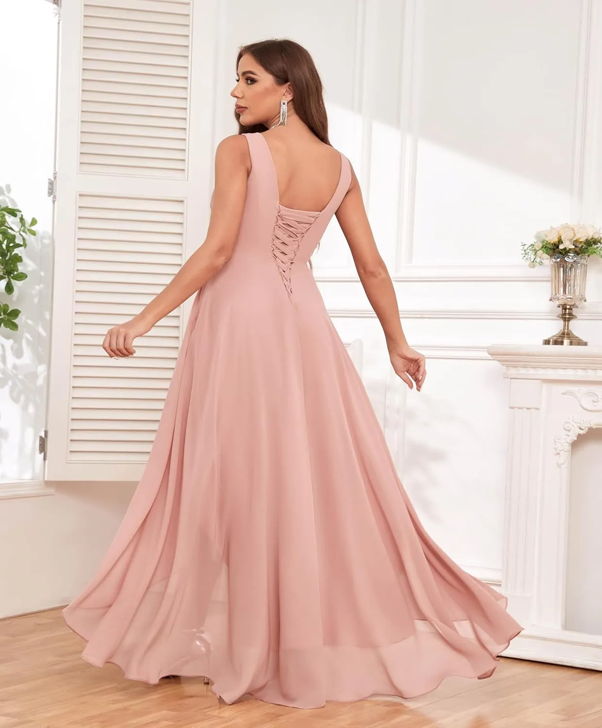 High Low Bridesmaid Dress V Neck Chiffon A Line Long Formal Dresses Evening Gowns with Pockets