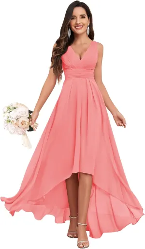High Low Bridesmaid Dress V Neck Chiffon A Line Long Formal Dresses Evening Gowns with Pockets