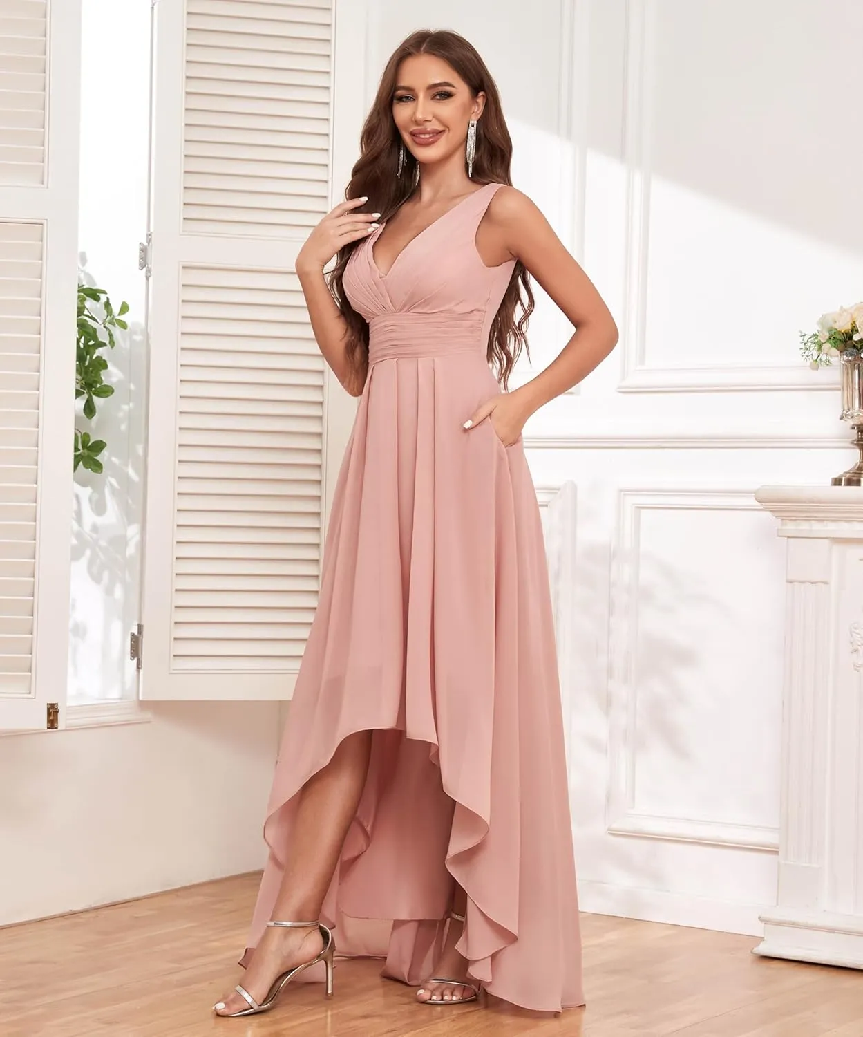 High Low Bridesmaid Dress V Neck Chiffon A Line Long Formal Dresses Evening Gowns with Pockets