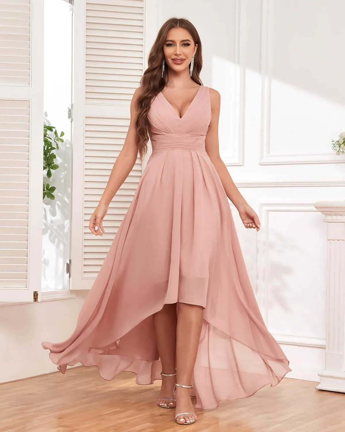 High Low Bridesmaid Dress V Neck Chiffon A Line Long Formal Dresses Evening Gowns with Pockets