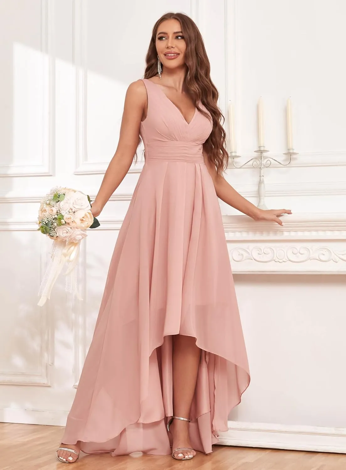 High Low Bridesmaid Dress V Neck Chiffon A Line Long Formal Dresses Evening Gowns with Pockets
