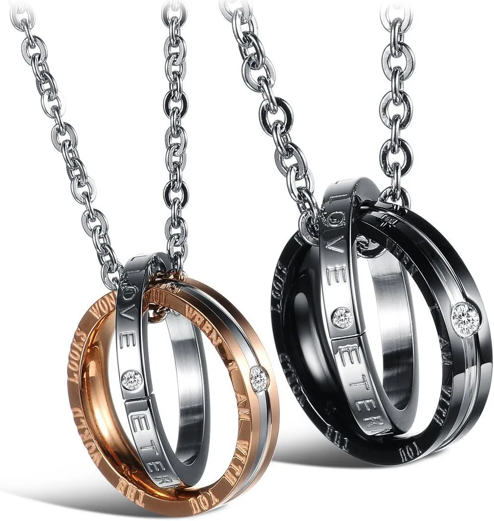 His and Her Matching Couples Necklaces for Couples Romantic Eternal Love Interlocking Rings Couples Pendant for Boyfriend Girlfriend Gifts for Anniversary Valentine's Day
