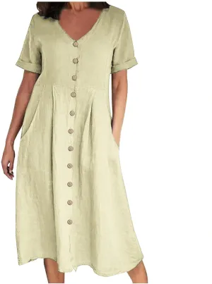 hlysgo Plus Size Shirt Dresses for Women Cotton Linen Summer Dress with Pockets Short Sleeve V Neck Casual Midi Dress