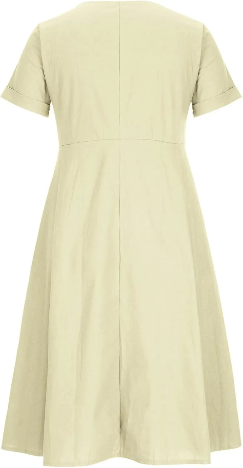 hlysgo Plus Size Shirt Dresses for Women Cotton Linen Summer Dress with Pockets Short Sleeve V Neck Casual Midi Dress