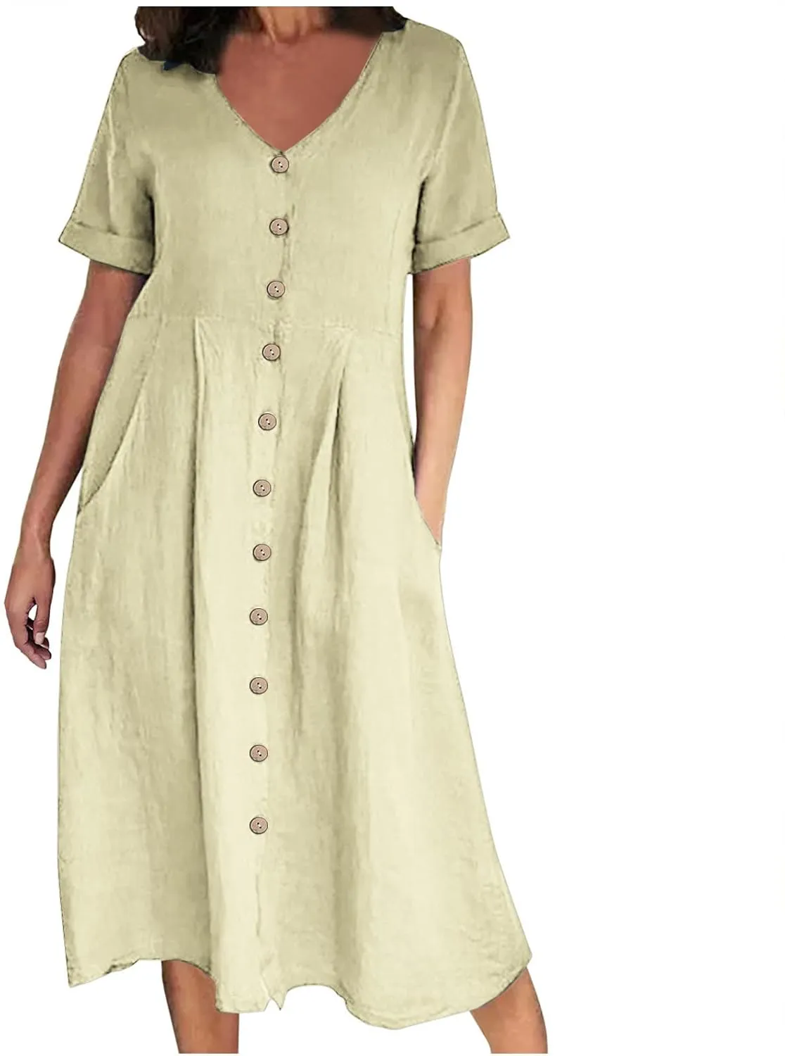 hlysgo Plus Size Shirt Dresses for Women Cotton Linen Summer Dress with Pockets Short Sleeve V Neck Casual Midi Dress