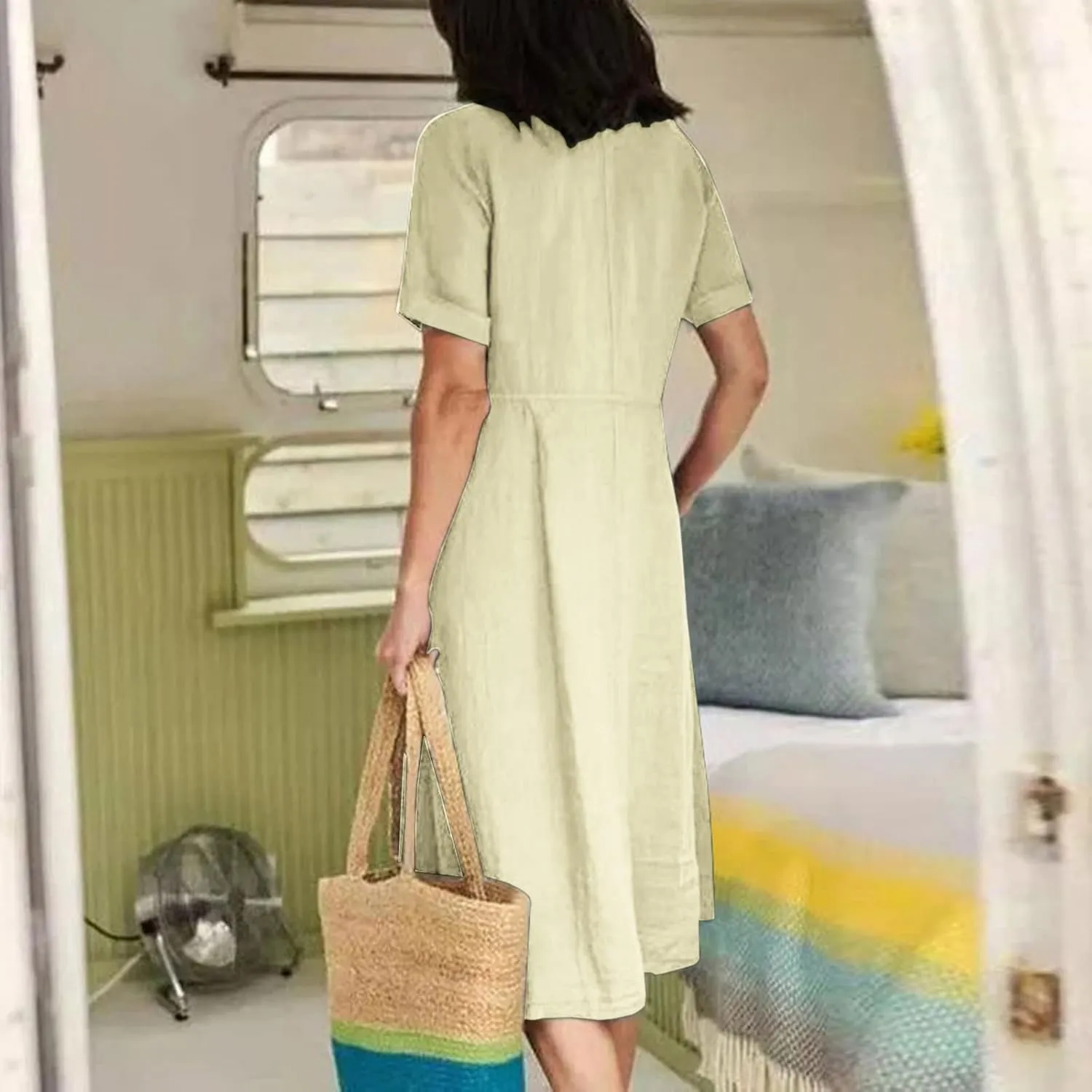 hlysgo Plus Size Shirt Dresses for Women Cotton Linen Summer Dress with Pockets Short Sleeve V Neck Casual Midi Dress