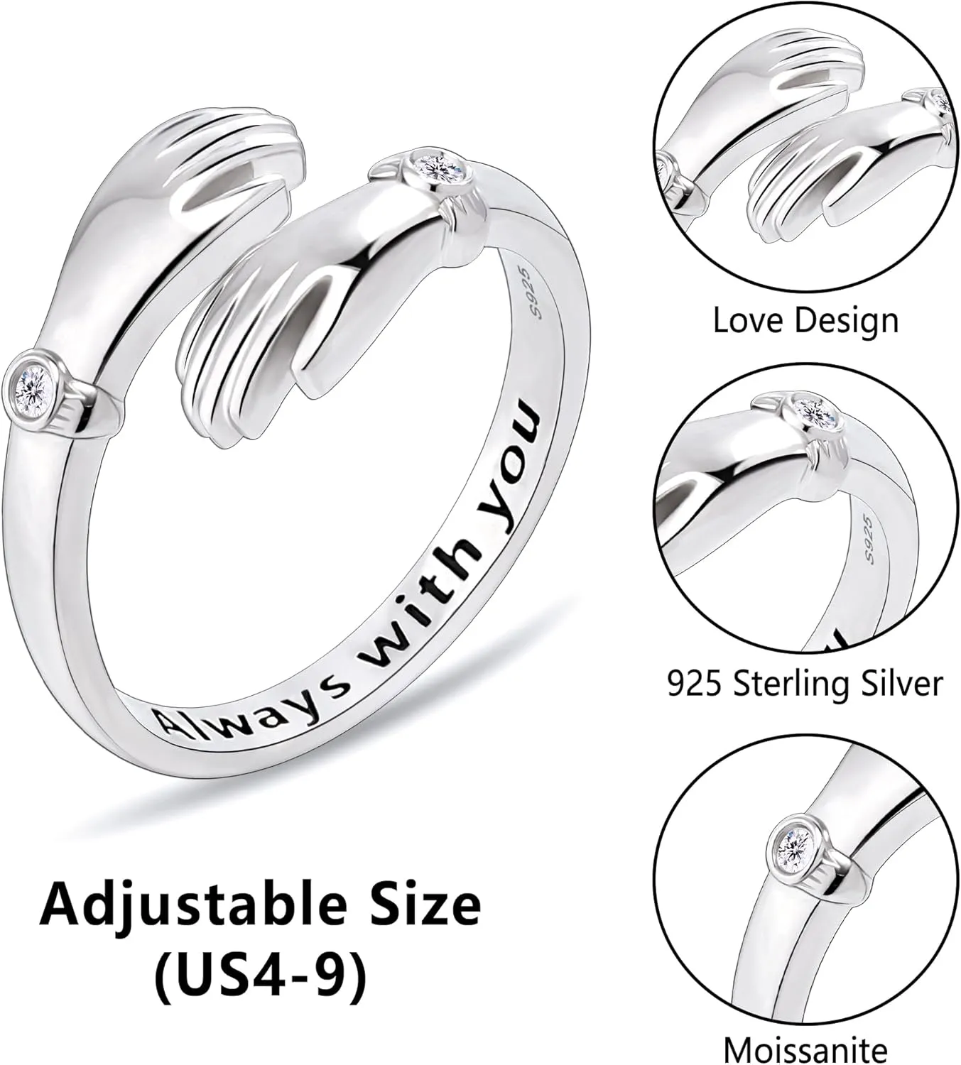 Hug Ring for Men and Women,Sapphire/Ruby/Moissanite 925 Sterling Silver Rings for Lover Valentines Day Gifts Adjustable Couples Rings