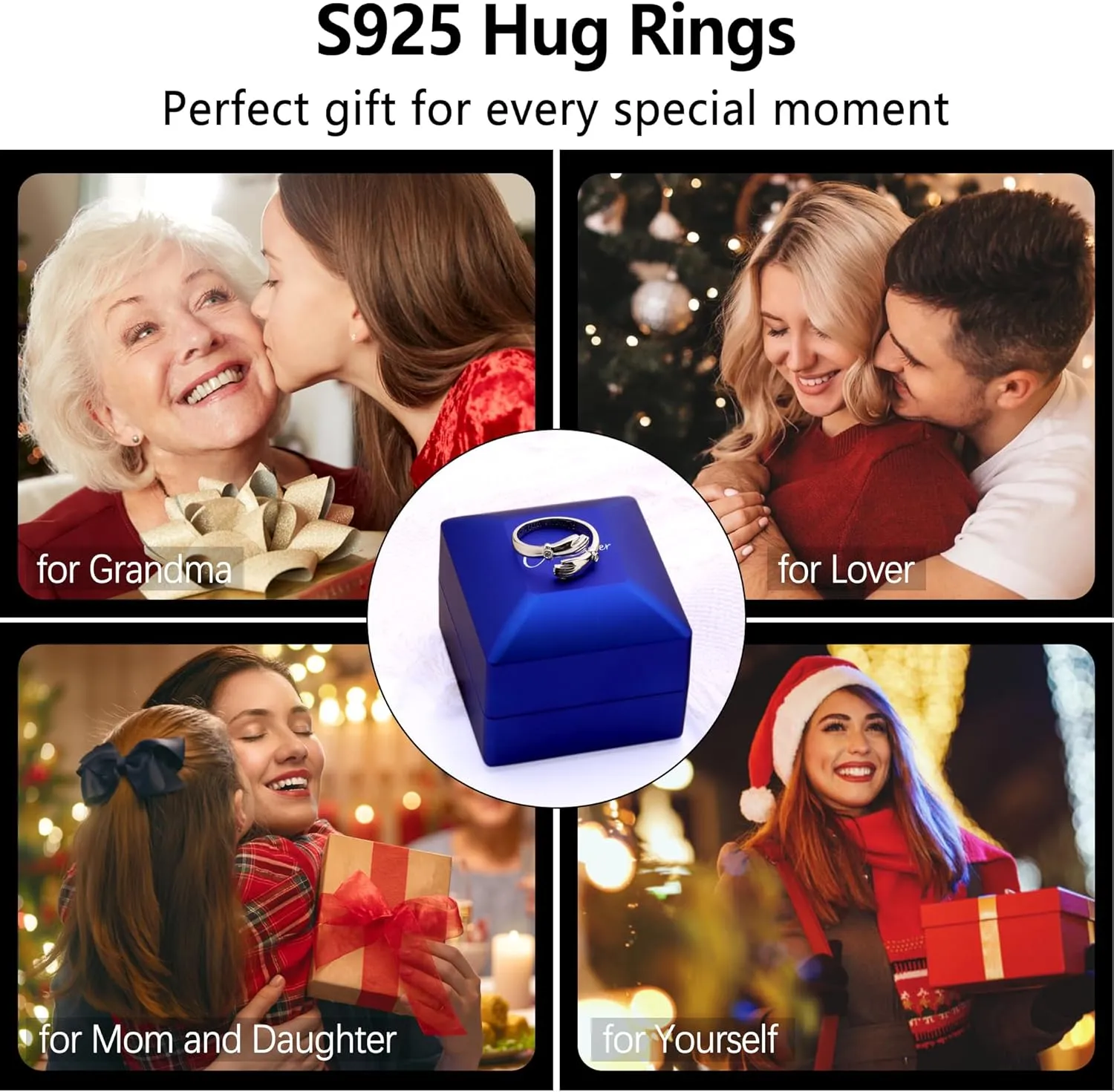Hug Ring for Men and Women,Sapphire/Ruby/Moissanite 925 Sterling Silver Rings for Lover Valentines Day Gifts Adjustable Couples Rings