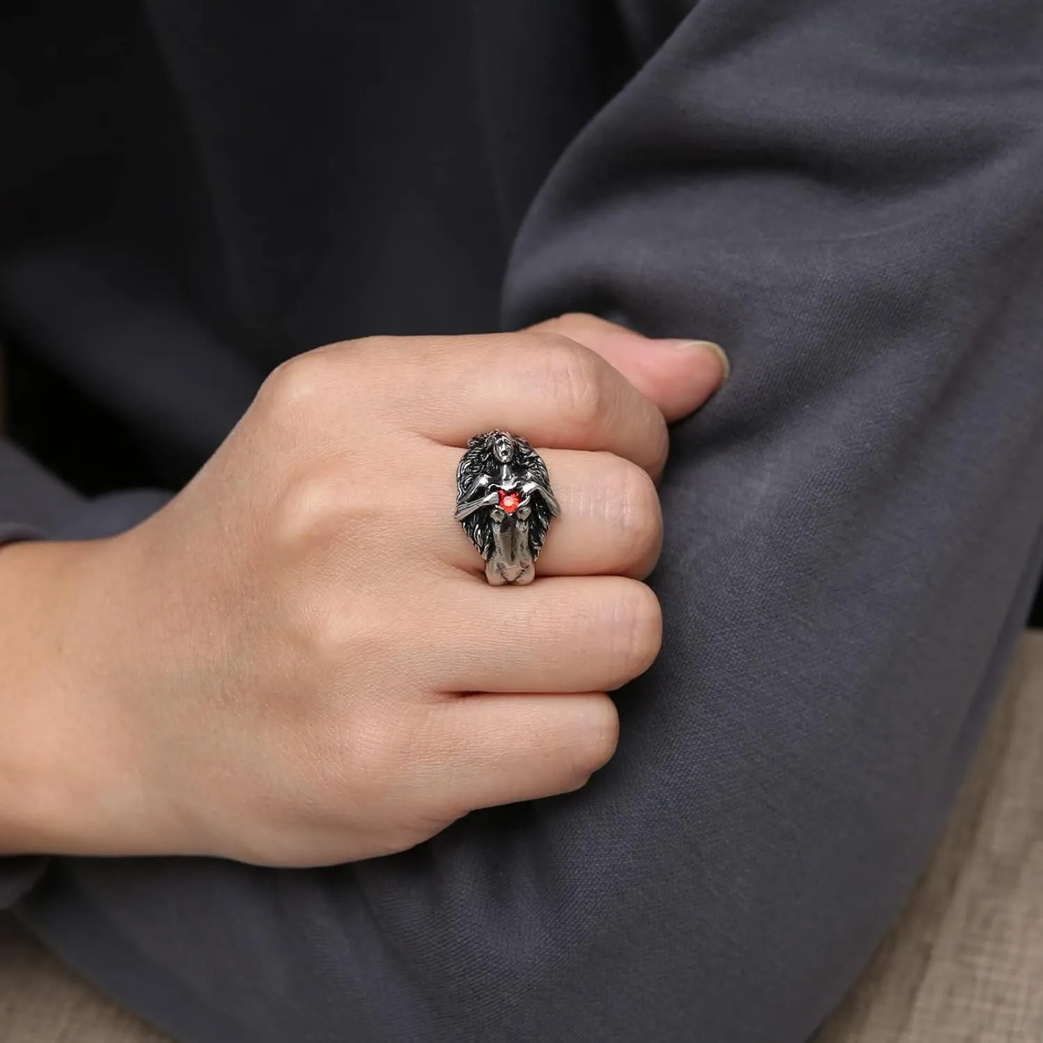 HZMAN Men Women Dark Gothic Rings Vintage Red Love Cubic Zirconia Rings Open Your Heart Personality Rings