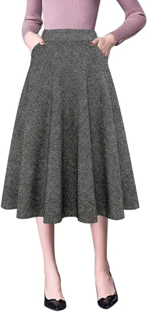 IDEALSANXUN Wool Skirts for Womens High Waist Aline Pleated Midi Skirts