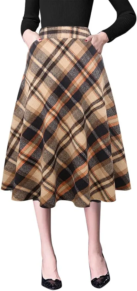 IDEALSANXUN Wool Skirts for Womens High Waist Aline Pleated Midi Skirts