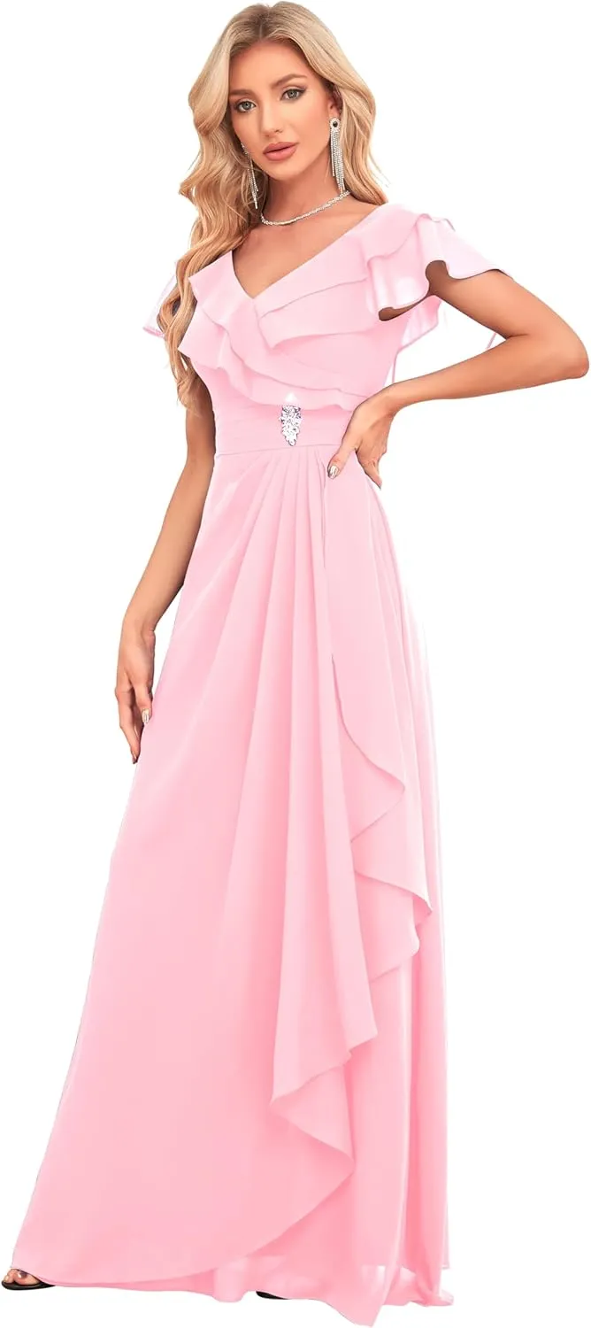 IIF Women's Chiffon Bridesmaid Dresses for Wedding V Neck Flowy Wrap Prom Dress with Beaded Brooch Pin IIF046
