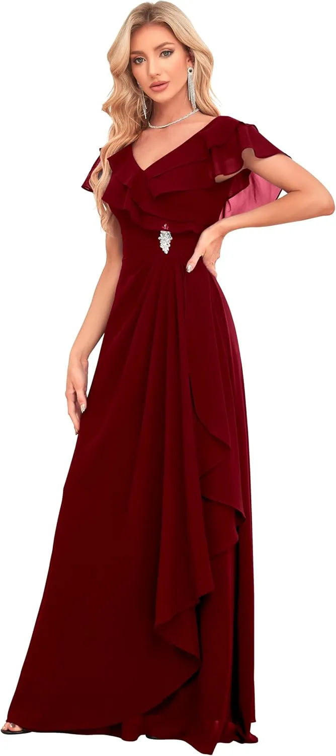 IIF Women's Chiffon Bridesmaid Dresses for Wedding V Neck Flowy Wrap Prom Dress with Beaded Brooch Pin IIF046