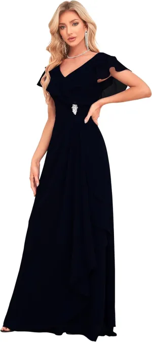 IIF Women's Chiffon Bridesmaid Dresses for Wedding V Neck Flowy Wrap Prom Dress with Beaded Brooch Pin IIF046