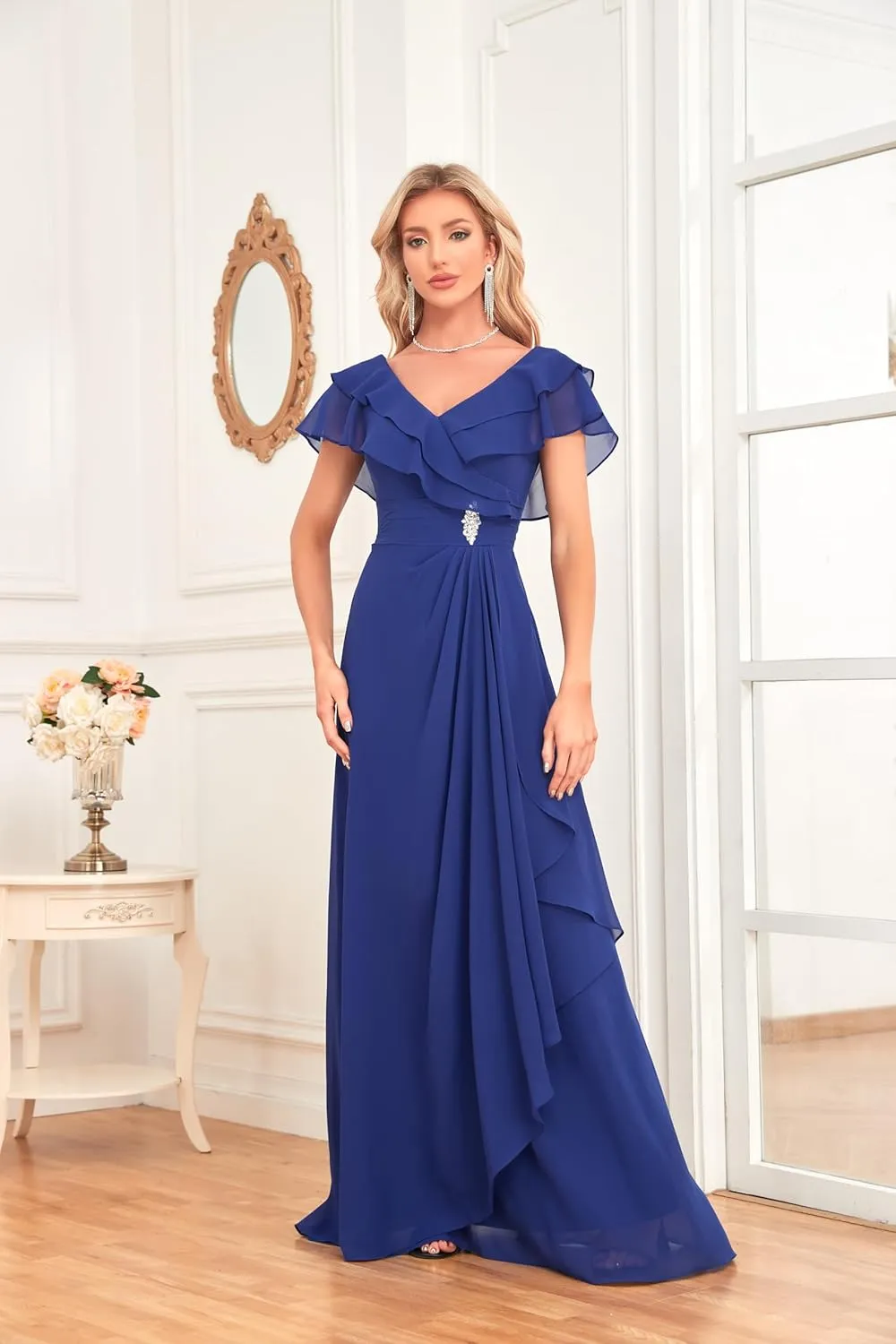 IIF Women's Chiffon Bridesmaid Dresses for Wedding V Neck Flowy Wrap Prom Dress with Beaded Brooch Pin IIF046