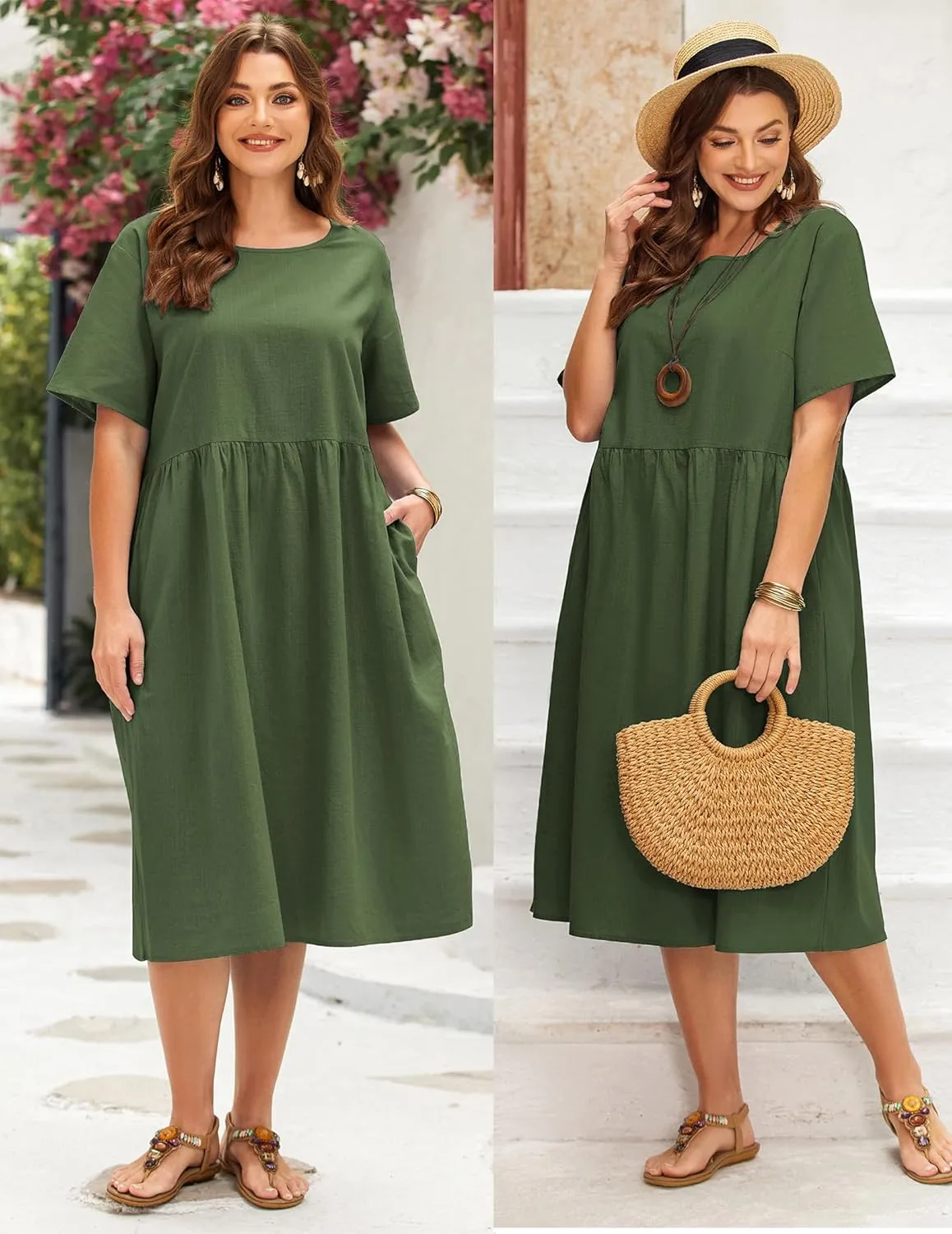 IN'VOLAND Plus Size Cotton Linen Dresses for Women Short Sleeve Summer Midi Dress with Pockets