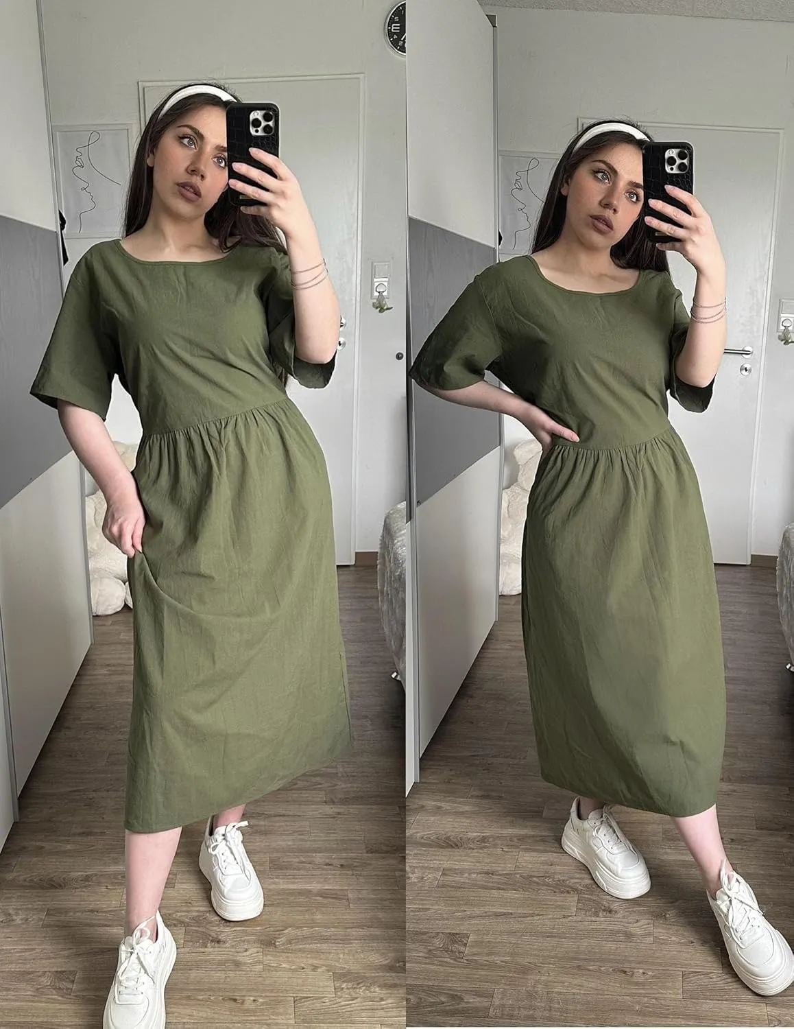 IN'VOLAND Plus Size Cotton Linen Dresses for Women Short Sleeve Summer Midi Dress with Pockets