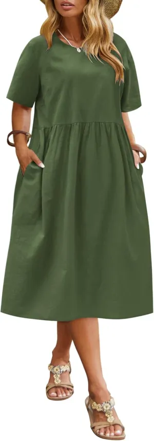 IN'VOLAND Plus Size Cotton Linen Dresses for Women Short Sleeve Summer Midi Dress with Pockets