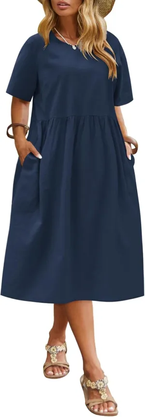 IN'VOLAND Plus Size Cotton Linen Dresses for Women Short Sleeve Summer Midi Dress with Pockets