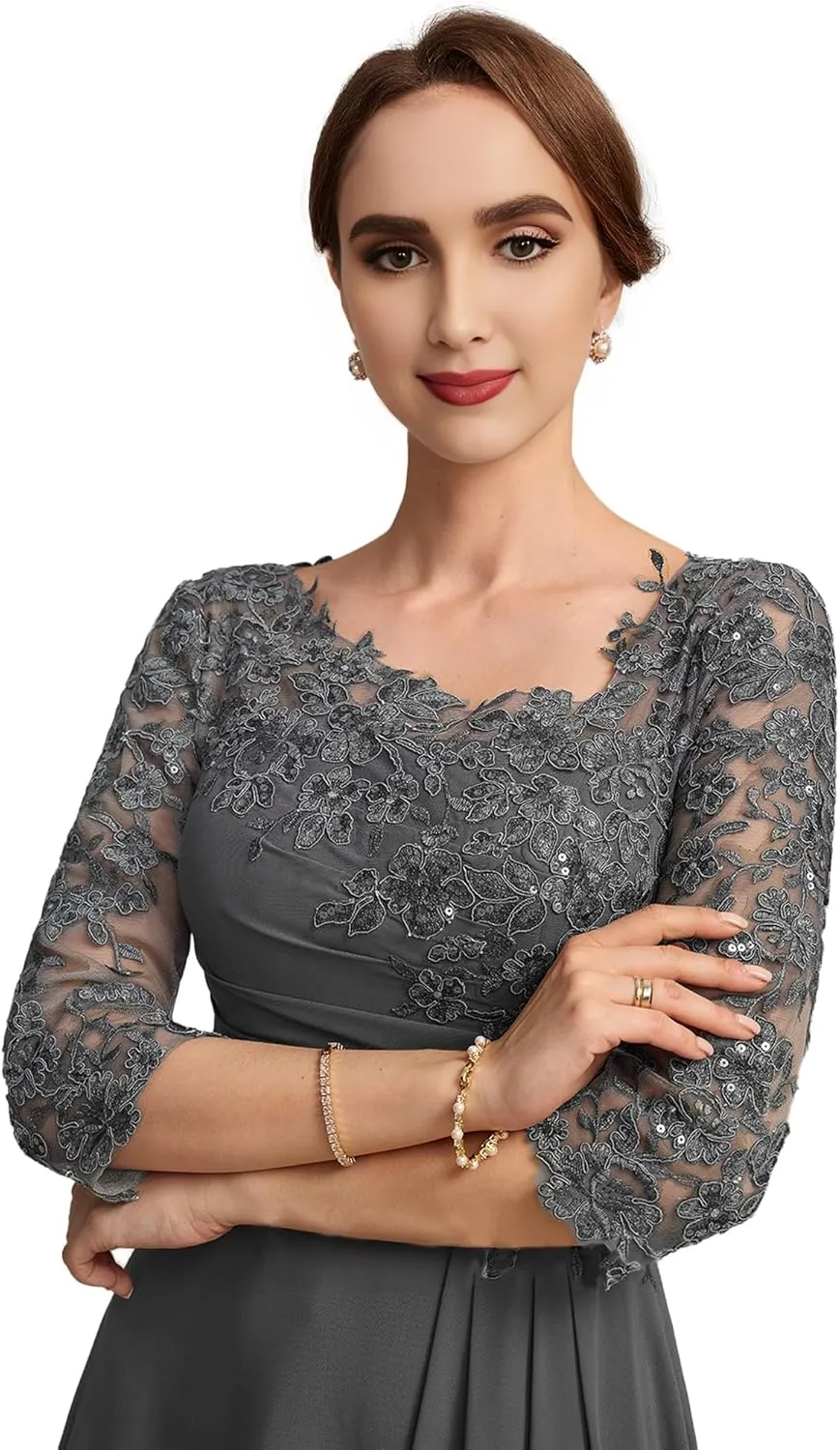ISABUFEI Mother of The Bride Dresses for Wedding Lace Appliques Formal Evening Gowns Long Women Dresses Half Sleeve