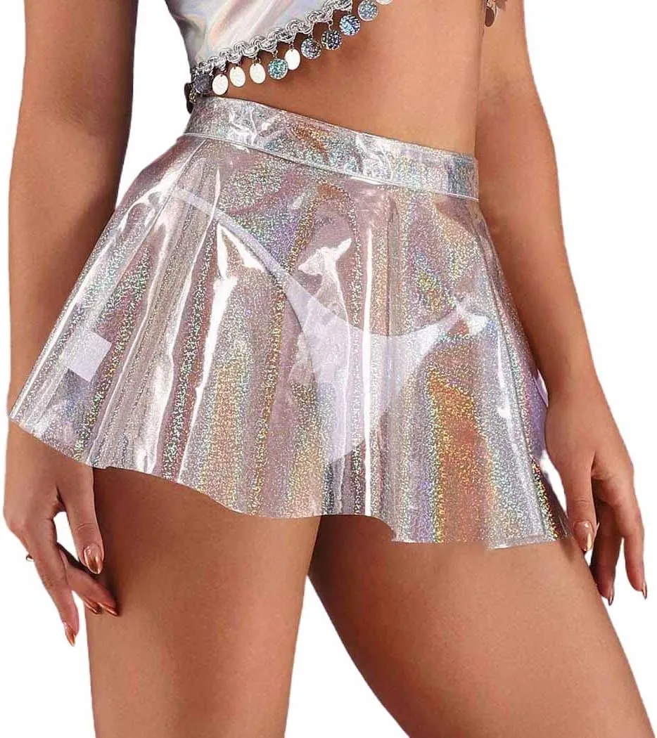 JEWEKY Mini Skirts Pleated Skirt See Through Flared Skirts High Waist Party Skirt Swing Novetly Skirts for Women and Girls