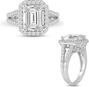 Jewelili Fine Silver Plate Octagonal & Round-cut Cubic Zirconia Halo Engagement Rings for Women