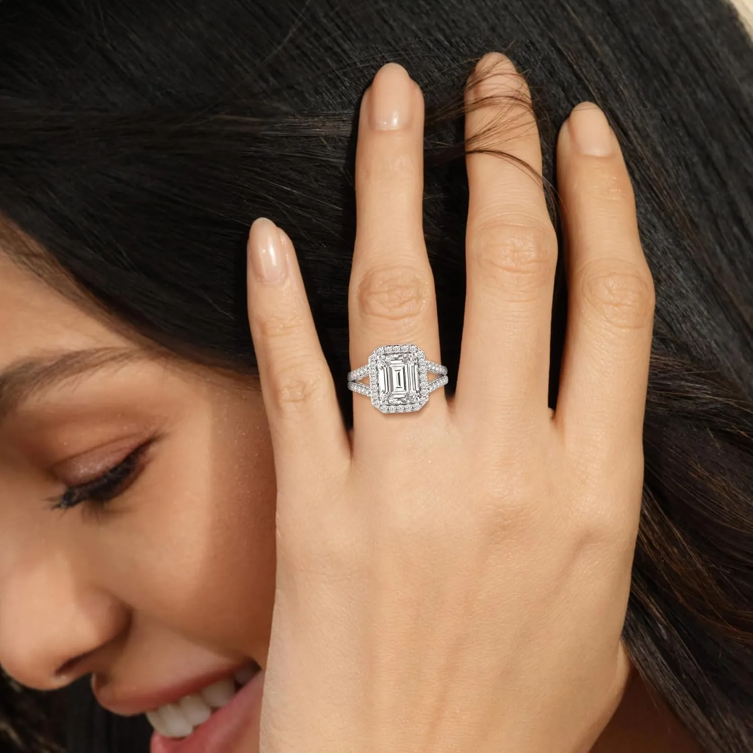 Jewelili Fine Silver Plate Octagonal & Round-cut Cubic Zirconia Halo Engagement Rings for Women