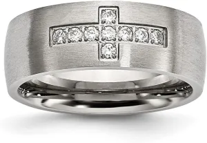 JewelryWeb 7.75mm Stainless Steel Polished Brushed CZ Simulated Diamond Religious Faith Cross Ring Size 10 Band Style-Ring for Women
