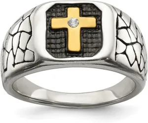 JewelryWeb Stainless Steel Artisan Oxidized and Polished Yellow Ip Plated With Crystal Religious Faith Cross Ring Size 9 Band Style-Ring for Women