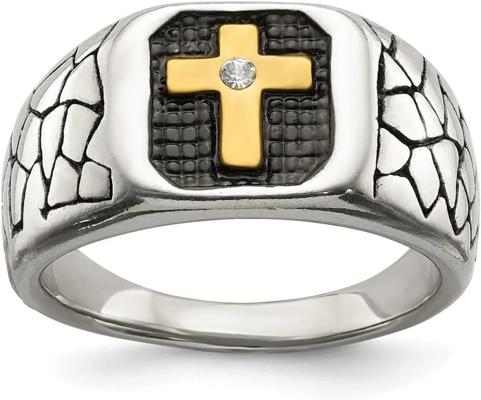 JewelryWeb Stainless Steel Artisan Oxidized and Polished Yellow Ip Plated With Crystal Religious Faith Cross Ring Size 9 Band Style-Ring for Women
