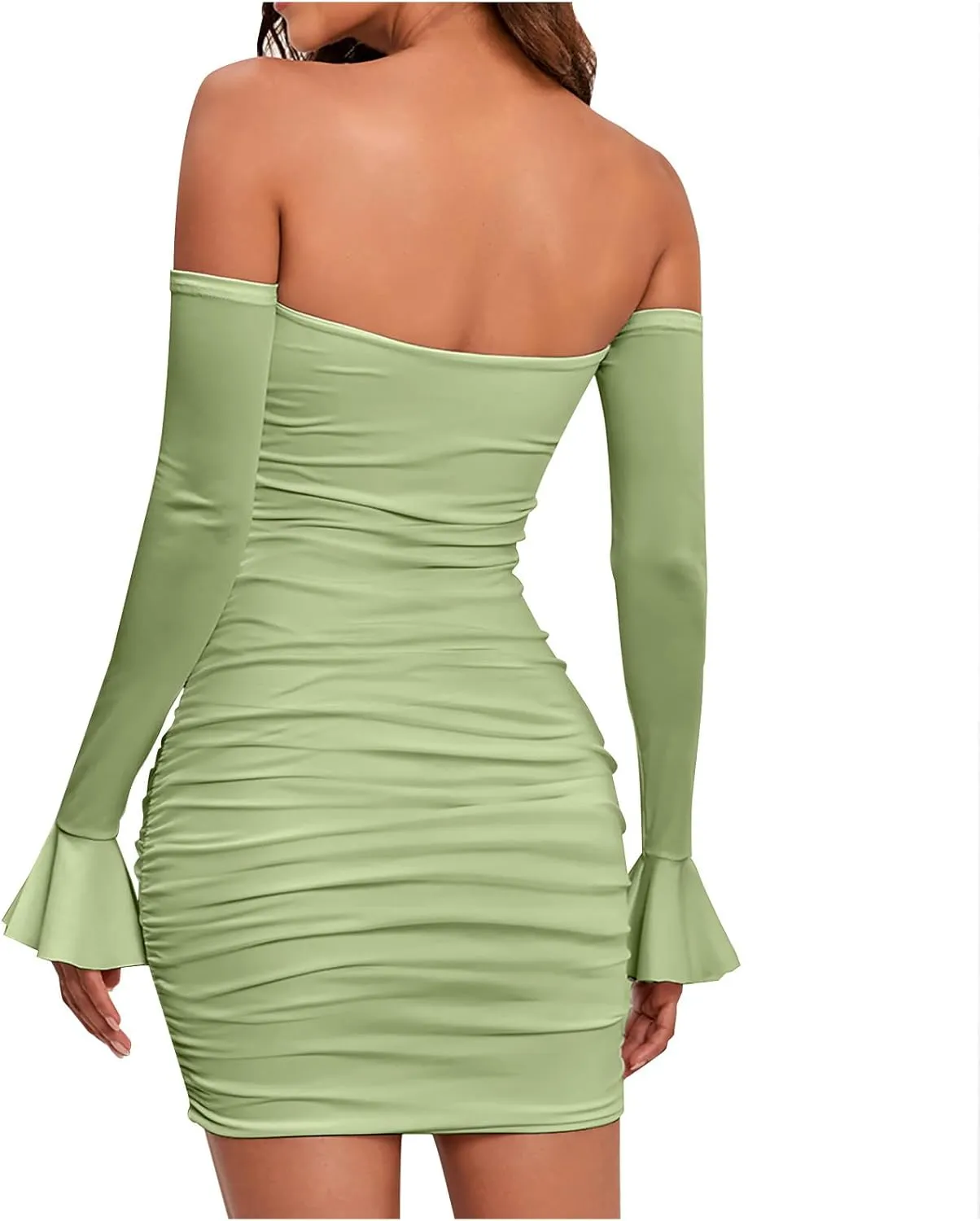 JOAU Women Corset Mini Dress Long Bell Sleeve Off Shoulder Sexy Cocktail Party Bodycon Strapless Tie Front Ruched Y2K Dresses