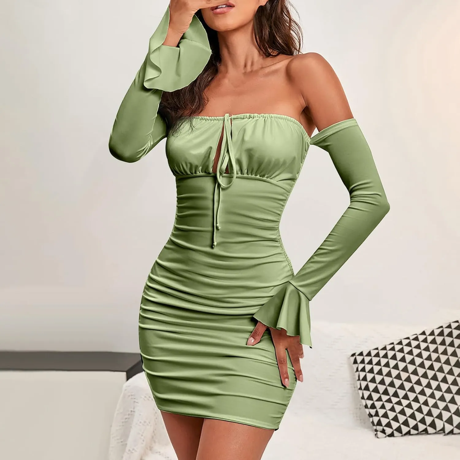 JOAU Women Corset Mini Dress Long Bell Sleeve Off Shoulder Sexy Cocktail Party Bodycon Strapless Tie Front Ruched Y2K Dresses