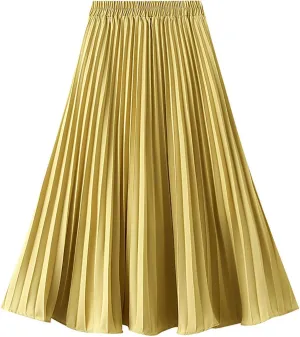 JOAU Women High Elastic Waist Pleated Midi Skirt Fashion Double Layered Solid Color Swing A-line Skirts for Evening Prom