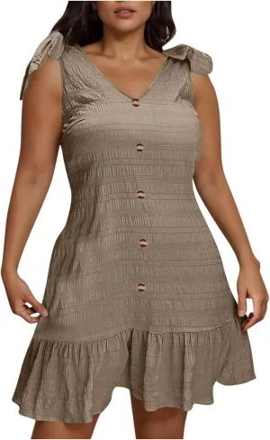JOAU Women Plus Size Summer V Neck Sleeveless Tie Strap Button Ruffle Hem Boho Sundress Casual Flowy A-Line Mini Tank Dress
