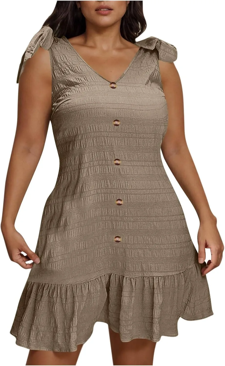 JOAU Women Plus Size Summer V Neck Sleeveless Tie Strap Button Ruffle Hem Boho Sundress Casual Flowy A-Line Mini Tank Dress