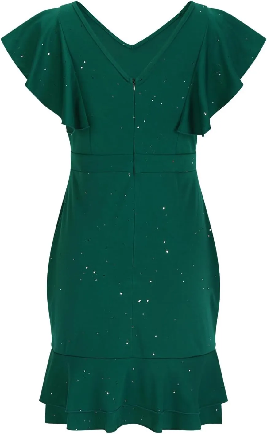 JOAU Women's Flutter Sleeve Formal Sparkly Sequin Mini Dress V Neck Ruffle Hem Cocktail Party Dresses Elegant Bodycon Dress