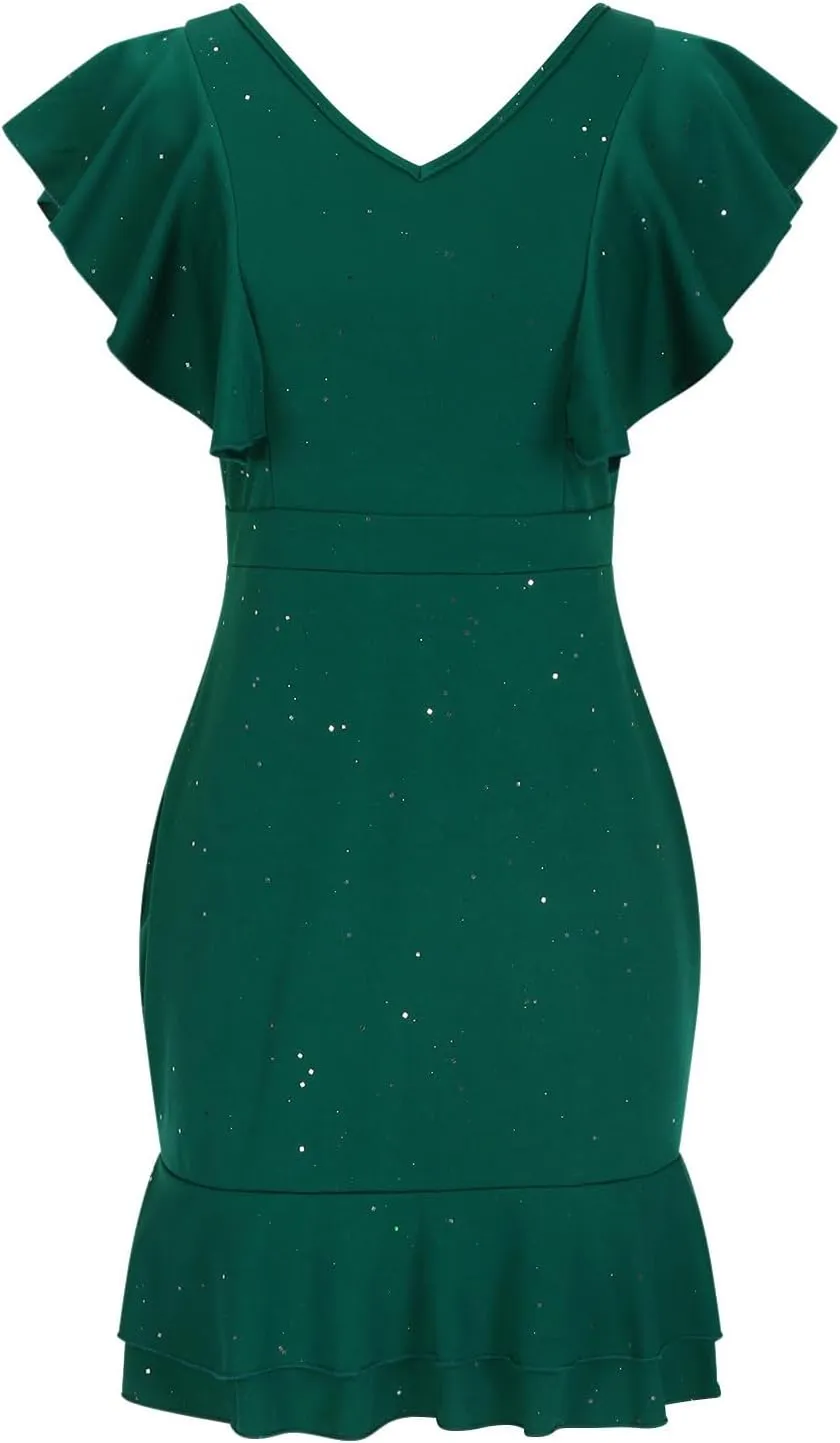 JOAU Women's Flutter Sleeve Formal Sparkly Sequin Mini Dress V Neck Ruffle Hem Cocktail Party Dresses Elegant Bodycon Dress