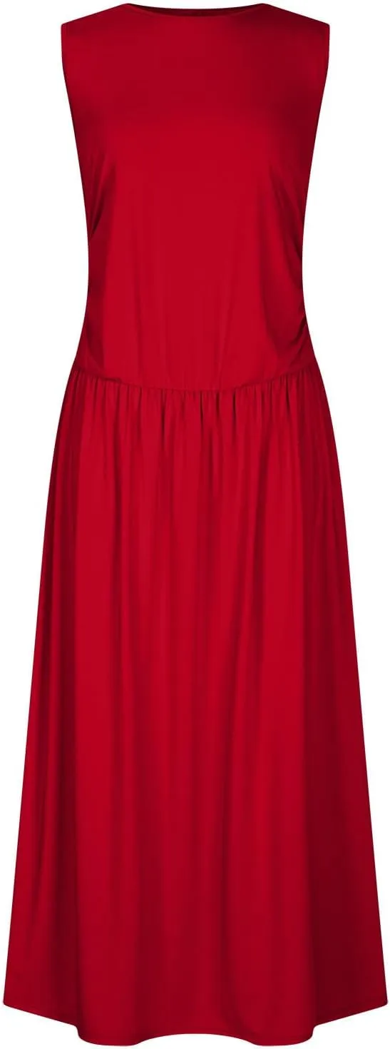 JOAU Women's Summer Tank Maxi Dress with Pockets Sleeveless A-Line Dresses Casual T-Shirt Dress Flowy Pleated Beach Sundress